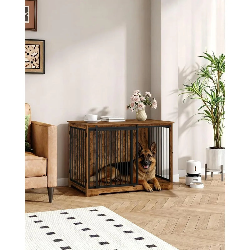 43.3 Inch Wooden Dog Crate Furniture,Barn Door & 2 Doors Indoor Dog Kennel,Heavy Duty Pet End Table, Customized