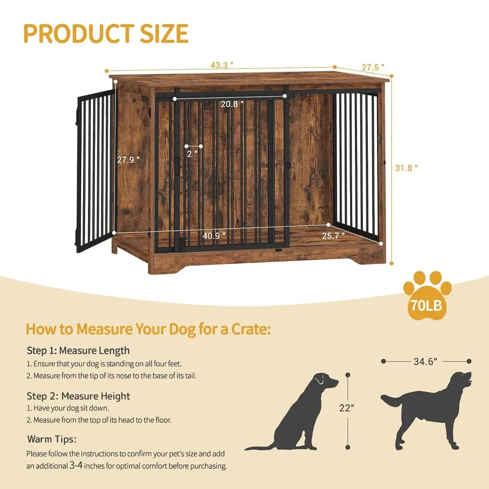 43.3 Inch Wooden Dog Crate Furniture,Barn Door & 2 Doors Indoor Dog Kennel,Heavy Duty Pet End Table, Customized