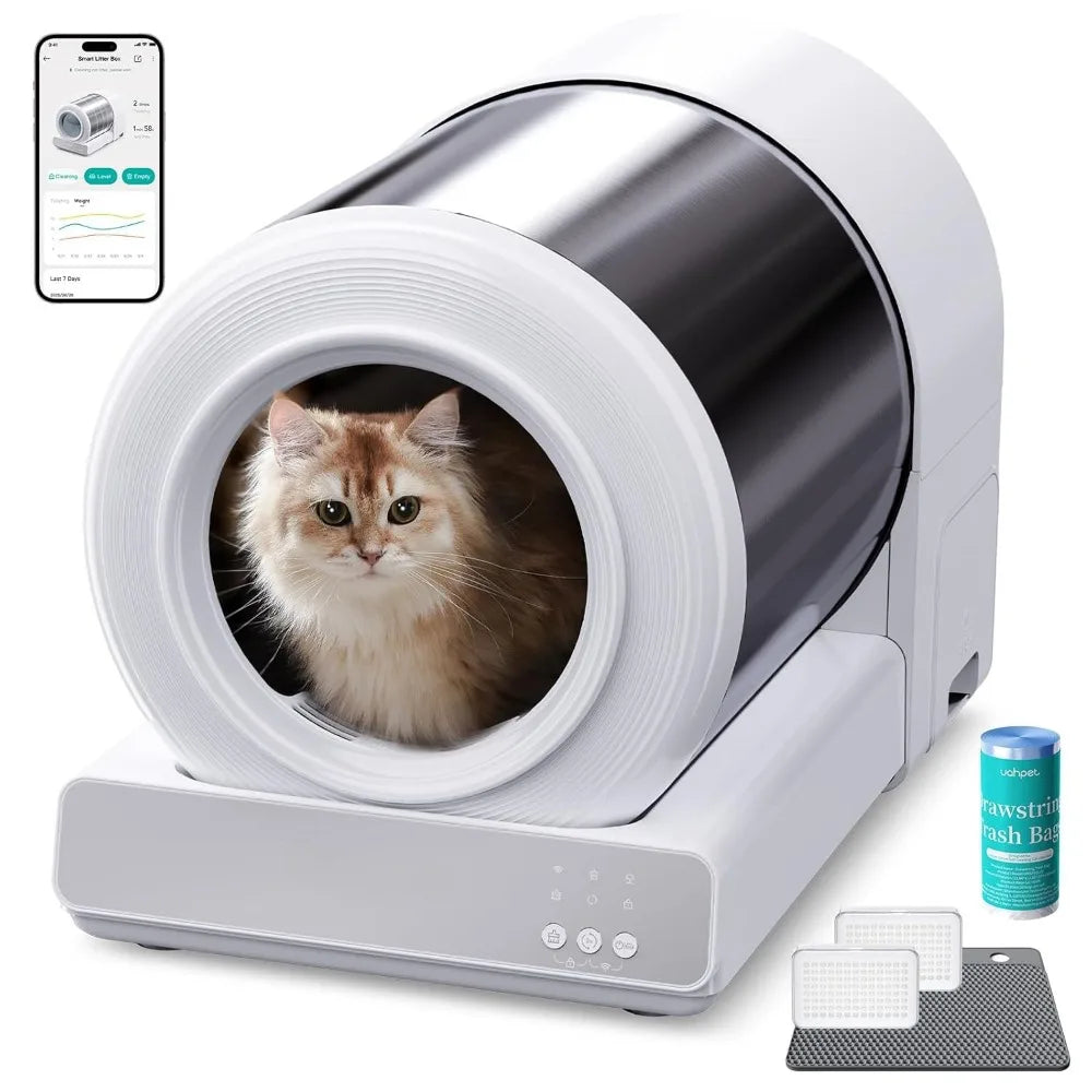 Stainless Steel Automatic Self-Cleaning Cat Litter Box, APP Control, Low Entry & Safe Design, Custom